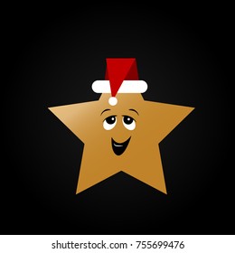Colorful Christmas card Golden relaxed star in Santa Claus hat.