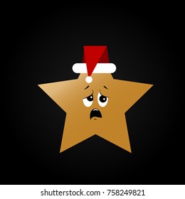 Colorful Christmas card with golden sad star in a Santa Claus hat.