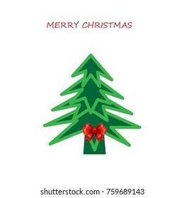 Colorful Christmas card with green Christmas tree with a red bow.