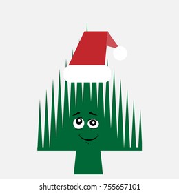Colorful christmas card with happy tree in Santa Claus hat