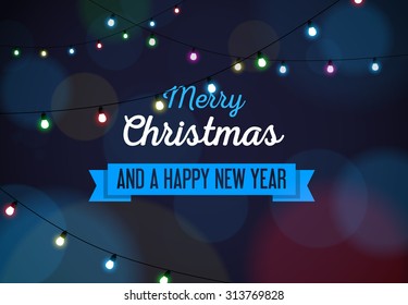 Colorful Christmas card with lights. Glowing lights. Merry christmas