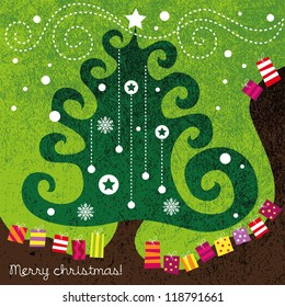 Colorful Christmas card , Merry christmas,  Christmas tree with decorations and colorful gifts