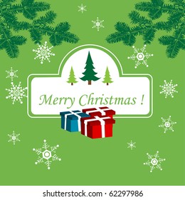Colorful Christmas card with present boxes, small fir trees, white snowflakes and green fir branches
