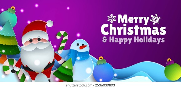 Colorful Christmas card with Santa and holiday elements. Vector Illustration