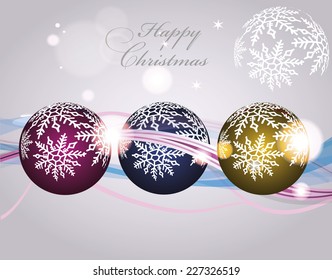 Colorful christmas card with three christmas shiny balls and snowflakes