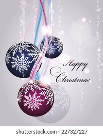 Colorful christmas card with three christmas shiny balls and snowflakes