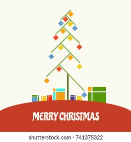 Colorful Christmas card, with tree and gifts. Vector illustration. 