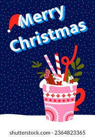 Colorful Christmas card with winter drink in pink cup with ornament, coffee with cinnamon and spices. Blue background with snow.