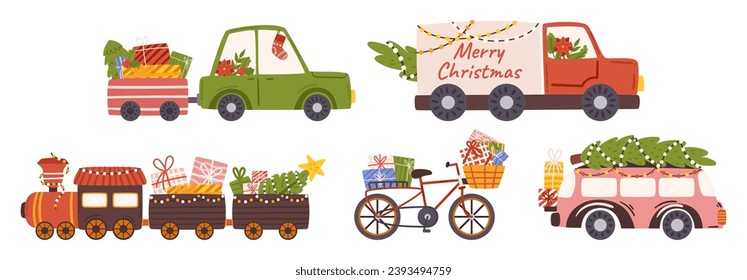 Colorful Christmas Cars, Train and Bicycle Adorned With Twinkling Lights And Festive Decorations, Cruising Through Snowy Streets, Spreading Holiday Cheer With Joyous Tunes. Cartoon Vector Illustration