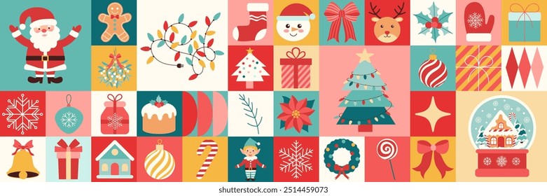 Un colorido collage de Navidades con Santa, hombres de jengibre y otras decoraciones festivas. La escena es alegre y alegre, celebrando la temporada navideña