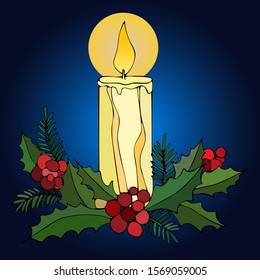 Colorful Christmas composition on dark blue isolated background. Burning candle with leaves and red berries.