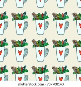 Colorful christmas cups with hearts and green leaves standing in a row over light background. Vector illustration