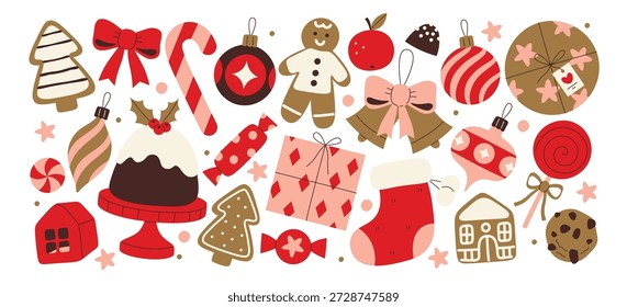 Elementos coloridos da decoração de Natal e doces ícones isolados conjunto festivo isolado no fundo branco. Bonitos doces de férias, ornamentos coloridos, caixa de presente e inverno projetos ilustração vetorial