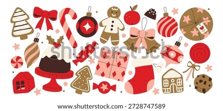 Colorful Christmas decor elements and sweets icons isolated festive set isolated on white background. Cute holiday treats, colorful ornaments, gift box and winter designs vector illustration