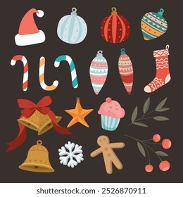 Colorful Christmas decoration elements isolated hand drawn childish style graphic illustration.
