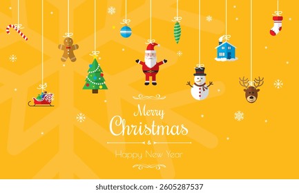 Colorful Christmas decorations with Santa, snowman, gingerbread man, christmas tree, reindeer, and festive ornaments hanging on strings on yellow background with snowflakes.