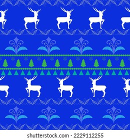 Colorful christmas deer on blue seamless pattern. Fashion graphic background design. Modern stylish abstract texture for holiday. Colorful template for prints, textiles, wrapping. Vector illustration