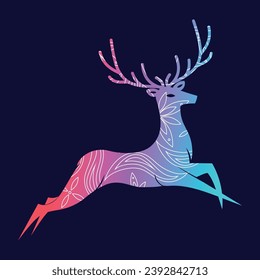 Colorful Christmas deer with pattern on dark blue background