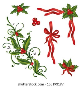 Colorful christmas design elements, holly and loops.