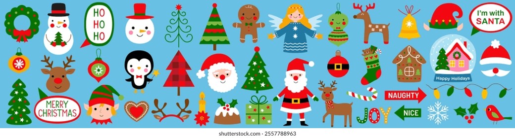 Colorful Christmas design elements, vector set, holiday icons and characters such as Santa Claus, snowman, reindeer, gingerbread man, Christmas tree, and more