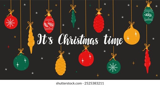 Colorful Christmas design with Xmas tree decorations, snowflakes and hand written lettering on dark background. Hand drawn seasonal vector illustration. 