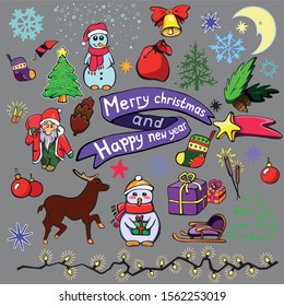 colorful christmas element vector set: snowman, snowflakes,  spruce branch,christmas tree, firecracker, new years sock, santa claus, flashlight, deer, toy balls,lettering merry christmas and happy new