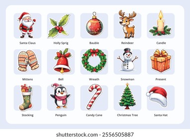Colorful Christmas elements bundle featuring Santa, snowman, wreath, gifts, and festive icons, vector Illustration Set Collection
