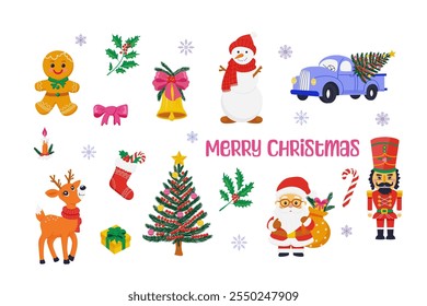 colorful Christmas elements like Santa, reindeer, snowman, tree, nutcracker, gingerbread man, decorations, gifts, and "Merry Christmas" text.