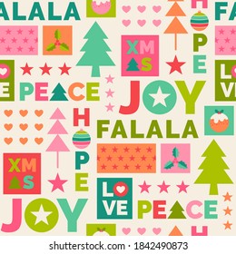 Colorful christmas elements and typography design seamless pattern.