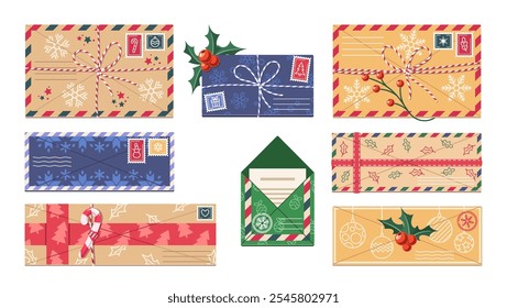 Colorful Christmas Envelopes With Festive Designs Featuring Snowflakes Holly And Candy Canes Perfect For Sending Holiday Greetings Or Gifts, Bring Touch Of Festivity And Joy To Seasonal Correspondence