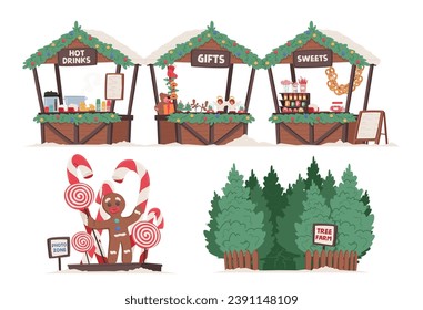 Colorful Christmas Fair Stalls Adorned With Twinkling Lights, Selling Festive Treats, Handmade Crafts, And Holiday Goodies, Creating A Magical Winter Wonderland to Enjoy. Cartoon Vector Illustration