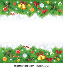 Colorful Christmas frame background with decorated fir-tree branches