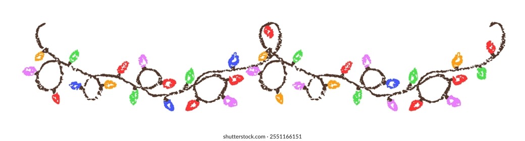 Colorful Christmas garland border Festival or party holiday string lights decoration. Crayon, pastel chalk or pencil kids hand drawing doodle funny style. Cartoon flat bright simple vector joyful art