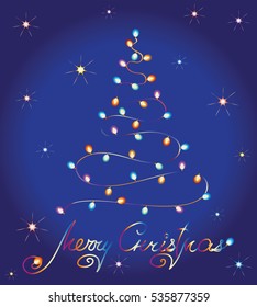 Colorful Christmas garland on blue. Glow. Design Christmas greeting cards, invitations for the celebration.