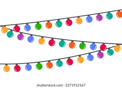 Colorful christmas garland vector isolated. Illustration of bright lights, cute decoration element. Shining colorful lamps, empty space for message, web banner template.