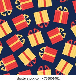 Las cajas de regalo de navidad coloridas tienen un patrón sobre el azul oscuro. Ilustración del vector