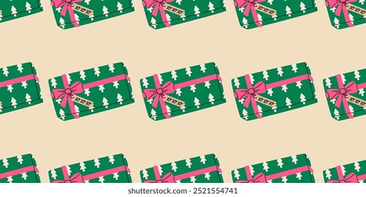 Colorful Christmas gift boxes seamless pattern. Background for fabric, wrapping paper, textile, wallpaper and apparel. Flat vector illustration.