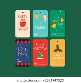 Colorful Christmas gift tags. Collection of labels with traditional holiday and greeting elements. Vector illustration.
