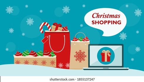 Colorful Christmas gifts, bags and boxes with Christmas decorations on the snow. Online shopping for Christmas and New Year gifts. Merry Christmas. Flat vector.