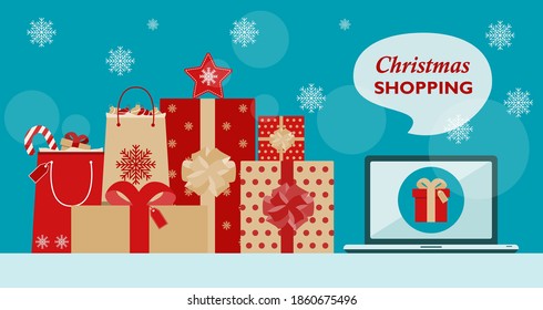 Colorful Christmas gifts, bags and boxes with Christmas decorations on the snow. Online shopping for Christmas and New Year gifts. Merry Christmas. Flat vector.