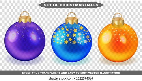 Colorful christmas glass balls with gold pattern on transparent background. Isolated xmas decorations. Realistic vector illustrations set for your business and design. All elements are editable. EPS10