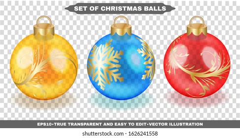 Colorful christmas glass balls with gold patterns on transparent background. Isolated xmas decorations. Realistic vector illustration set for your business and design. All elements are editable. EPS10