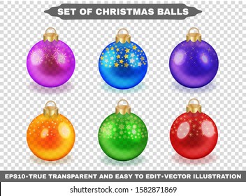Colorful christmas glass balls with golden particles on a transparent background.  Festive decoration spheres for xmas and new year. Vector illustration kit of coloredl and realistic objects. EPS 10