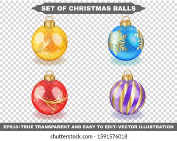 Colorful christmas glass balls with golden patterns on transparent background. Isolated xmas decorations. Realistic vector illustrations set for your business and design. All elements are editable.