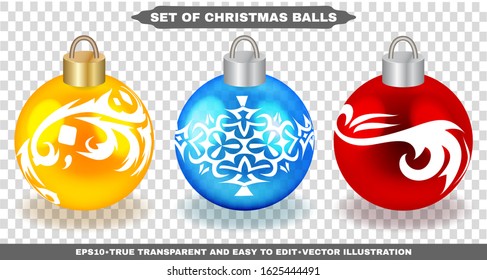Colorful christmas glass balls white patterns on transparent background. Isolated xmas decorations. Realistic vector illustrations set for your business and design. All elements are editable. EPS10.