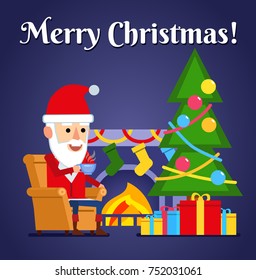 Colorful Christmas greeting card design. Cheerful Santa Claus sits in armchair and drinks warm tea or coffee. Flat style vector illustration