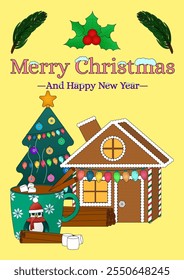 A colorful Christmas greeting card featuring a gingerbread house, decorated tree, holiday mug, and festive text. A3 postcard.