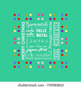 Colorful Christmas greeting card written in several languages like Italian, sea green color background