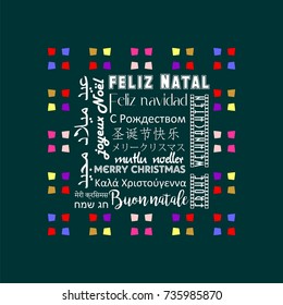 Colorful Christmas greeting card written in several languages like Portuguese, dark green color background