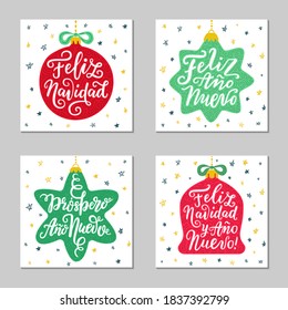 Colorful christmas hand drawn phrases in Spanish language on the red and green toys. Vintage style greeting card design set. EPS 10 vector illustration